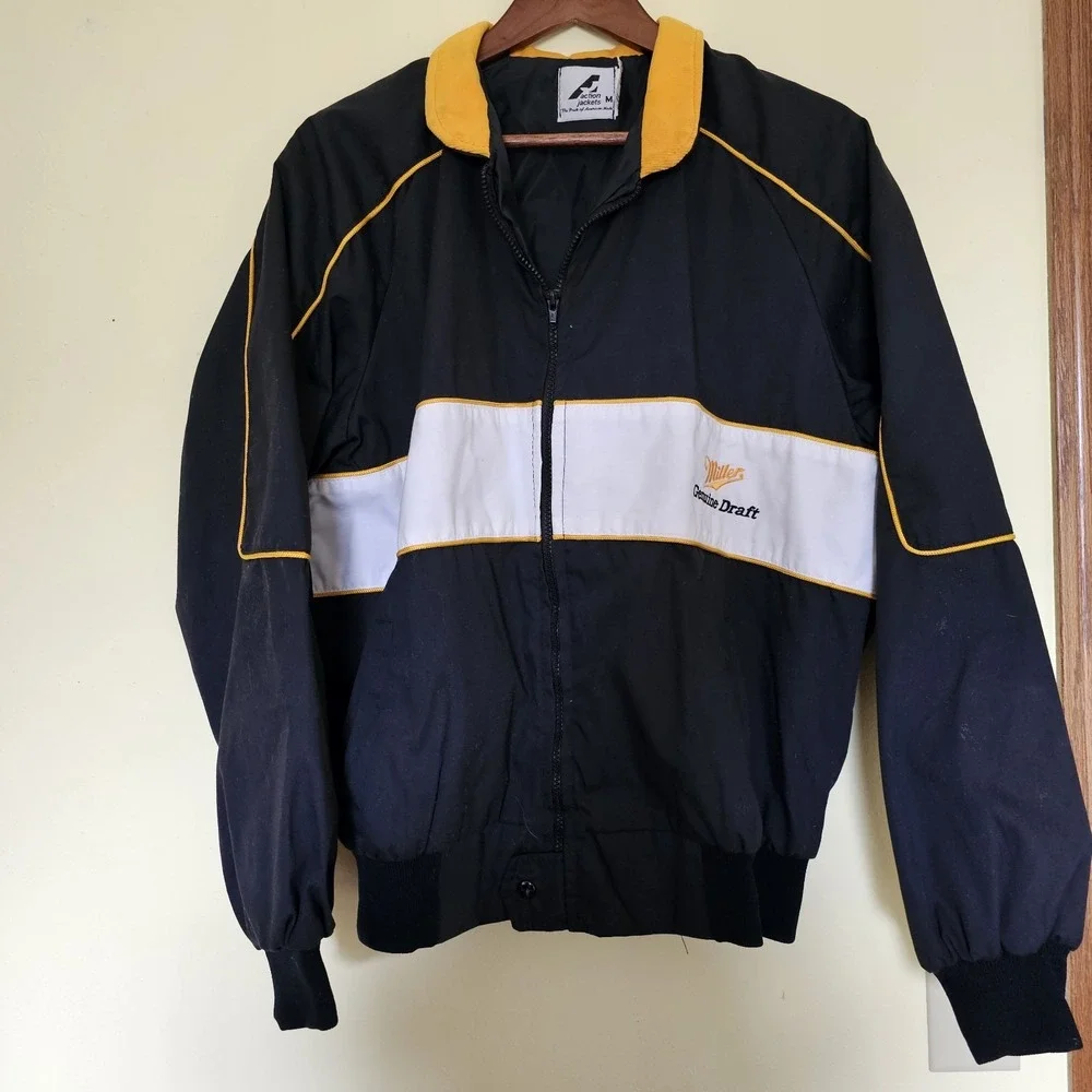 Miller Genuine Draft Jacket Mens Medium Black Grunge Made‎ In USA Vintage
